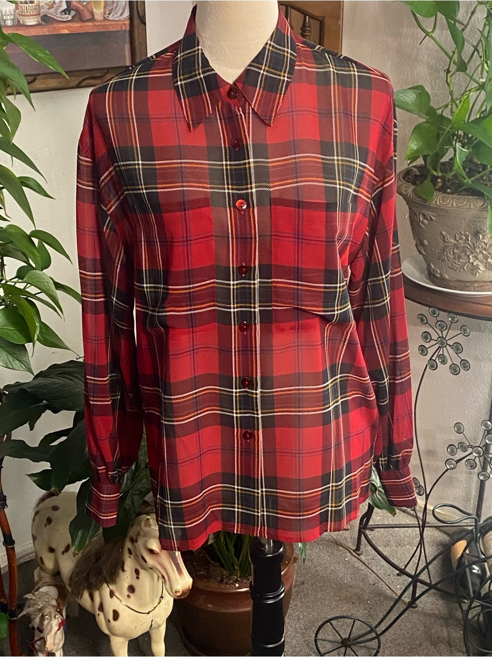 Liz Claiborne Red Black and Yellow Plaid Button-Up Blouse